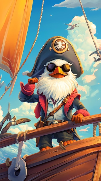 Photo a whimsical pirate character with a beard and sunglasses stands on a ship39s deck