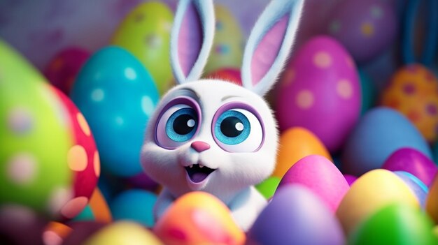 A whimsical Pixar style easter bunny with easter eggs in the background