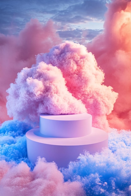 Photo whimsical and playful scene with an empty podium and cotton candy clouds