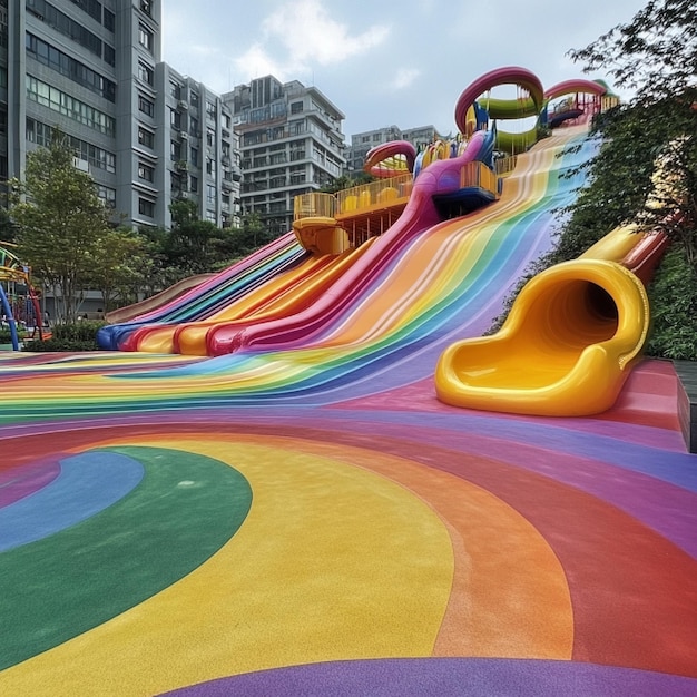 Photo whimsical playground with slides made of rainbows