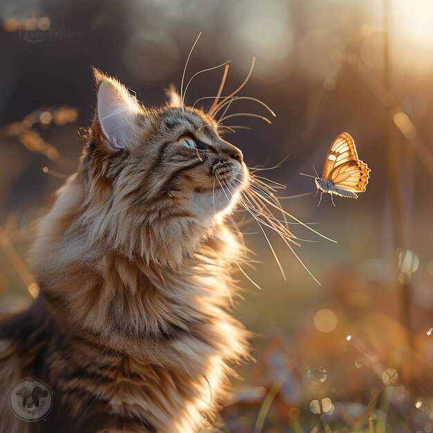 Photo whimsical playtime longhaired cat and butterfly outdoors