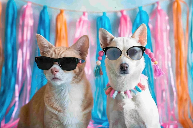 Whimsical portrait of dog and cat in sunglasses on banner