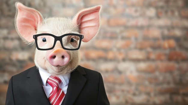 Photo a whimsical portrait featuring a pig in a sharp business suit glasses perched on its snout