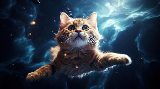 Whimsical portrayal of a cat in zero gravity against the surreal backdrop of a starry galaxy