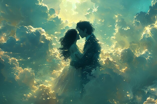 Photo a whimsical portrayal of a couple sharing a kiss while floating among the clouds