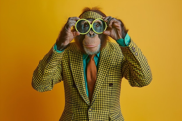 Whimsical Primate Portrait in Fashionable Suit against Vibrant Background