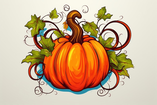 Photo whimsical pumpkin with vine curls happy thanksgivi happy thanksgiving sticker image