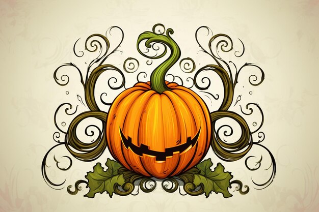 Photo whimsical pumpkin with vine curls happy thanksgivi happy thanksgiving sticker image