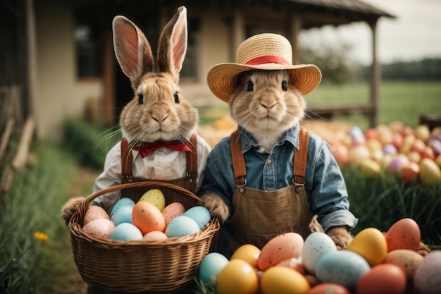 A whimsical rabbit dressed in a traditional farmer39s outfit complete with overalls and a straw hat joyfully hopping through a field of colorful Easter eggs