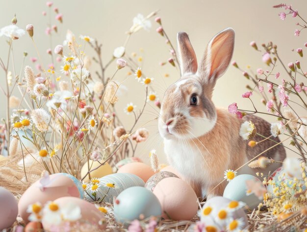 A whimsical rabbit in pastel shades amidst a burst of colorful Easter eggs and blossoming spring flowers