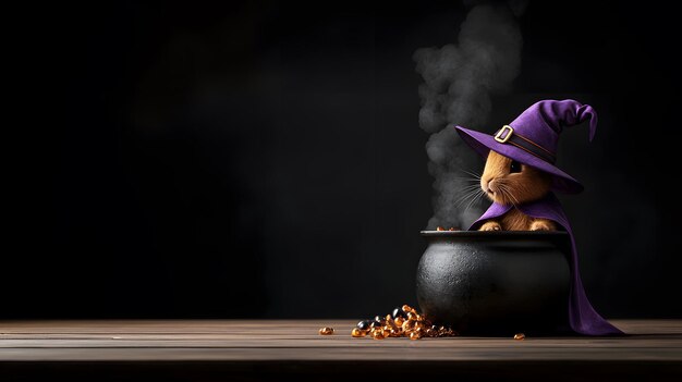 Photo a whimsical rabbit in a purple witch hat brews potions with mysterious ingredients nearby