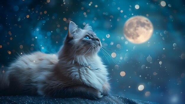 Photo whimsical ragdoll cat dressed as glowing moon in starry night sky landscape