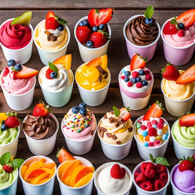 Photo whimsical rainbow of sweet frozen yogurt choices for summertime enjoyment