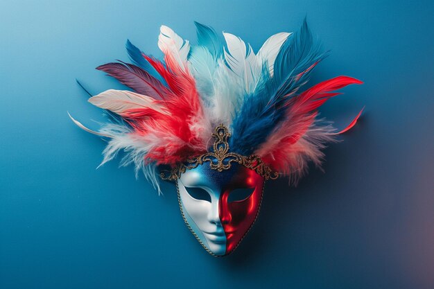 Photo a whimsical red white and blue feathered mask on a dark blue to light blue gradient background