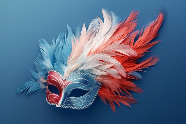 A whimsical red white and blue feathered mask on a dark blue to light blue gradient background