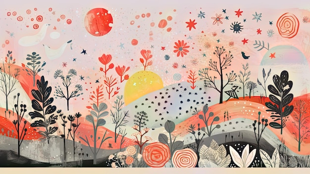 Whimsical risoprintinspired background reimagined with enchanting motifs and vibrant colors