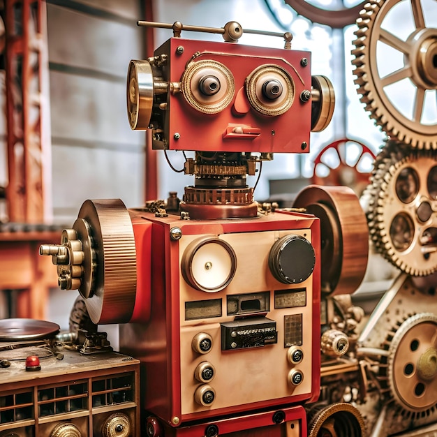 Photo a whimsical robot with a vintage aesthetic made of gears dials and brass accents