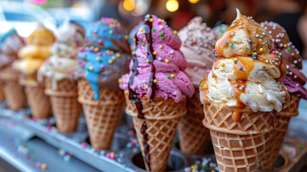 Whimsical Row of Sprinkled Ice Cream Cones