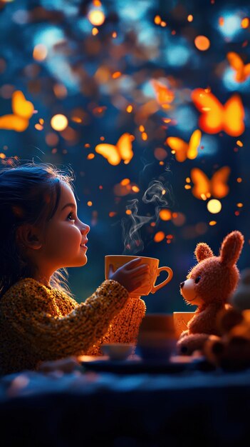 Photo a whimsical scene of a child sipping tea surrounded by butterflies and a plush toy evoking a sense of wonder and joy