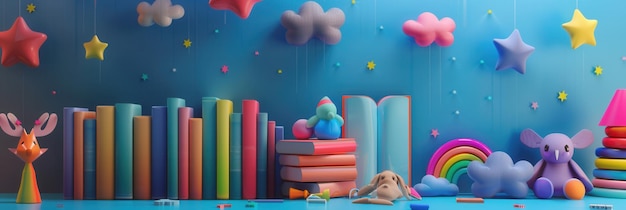 Photo a whimsical scene of colorful childrens books toys and bright elements perfect for educational centers and bookstores generative ai