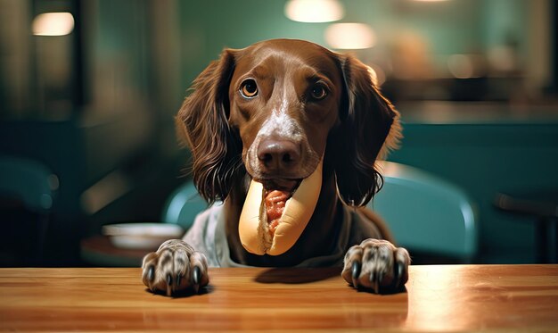 Whimsical scene Dog about to indulge in a hot dog treat Created with generative AI tools