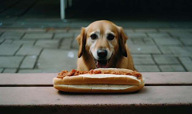 Whimsical scene Dog about to indulge in a hot dog treat Created with generative AI tools