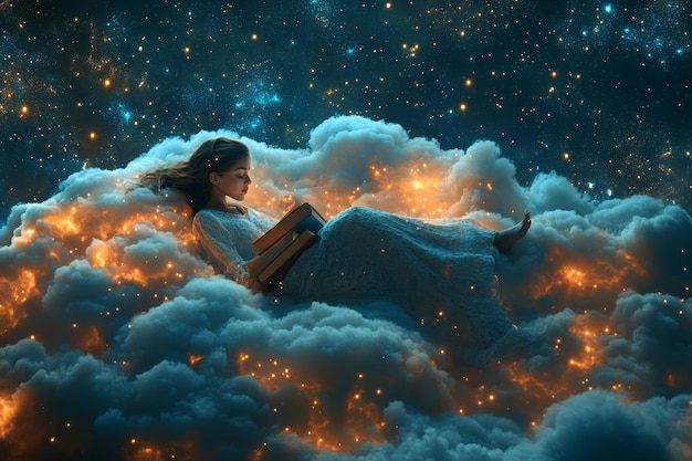 Photo whimsical scene of a dreamer on a cloud with floating books and stars around