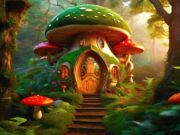 A whimsical scene of a fairytale mushroom house with a tiny door and windows set in a magical forest