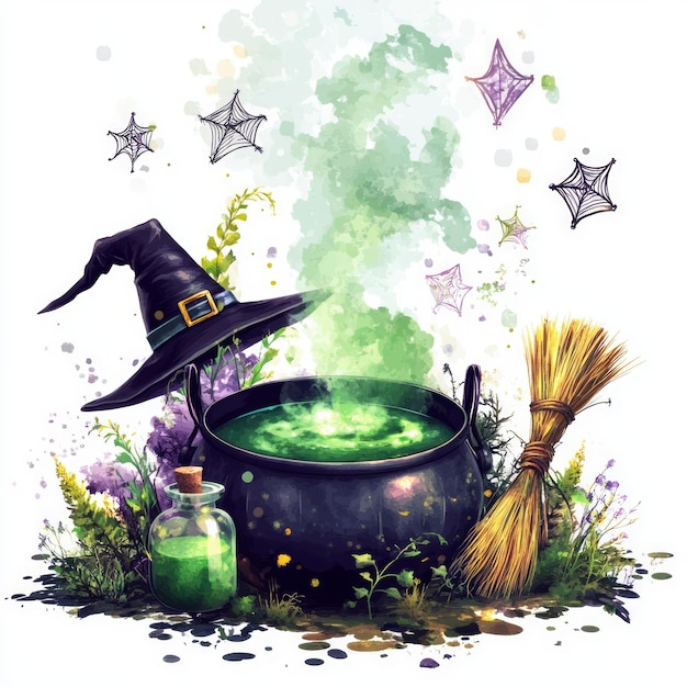 Photo a whimsical scene featuring a cauldron potion witchs hat broom and spider webs