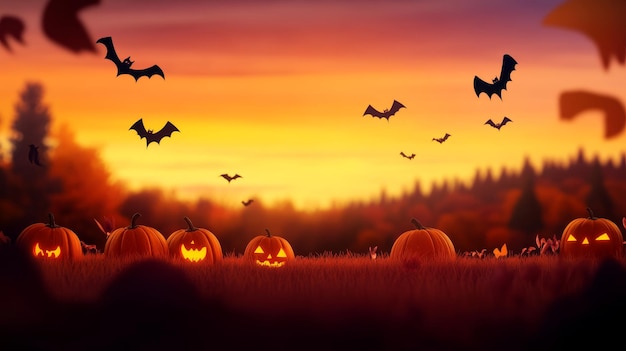 Photo a whimsical scene of jackolantern pumpkins glowing in a field at sunset with bats flying ov