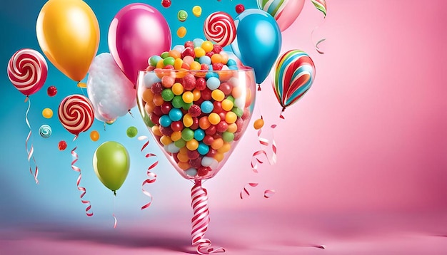 Whimsical scene with candythemed balloons and streamers