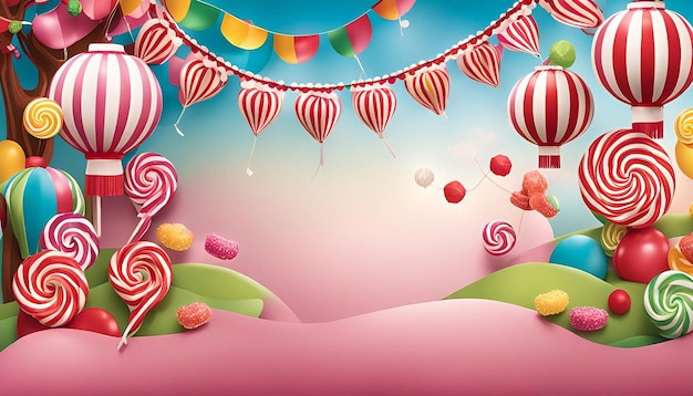 Whimsical scene with candythemed paper lanterns and bunting