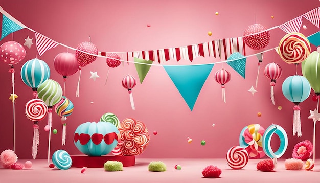 Whimsical scene with candythemed paper lanterns and bunting