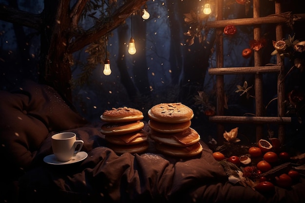 Whimsical scene with pancake shaped cushions and a cozy breakfast nook setup