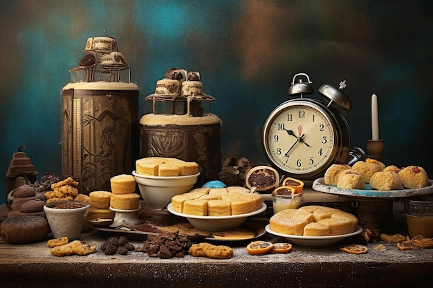 Whimsical scene with pancake shaped wall clocks and kitchen timers