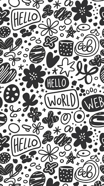 Photo whimsical seamless pattern with black doodles and letters on white background tile ideal for web