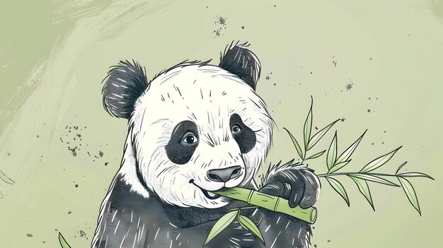 Photo whimsical sketch of panda munching on bamboo in minimalistic style with pale green and soft black