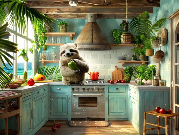 Photo whimsical sloth chef in a bright tropical kitchen with palm trees and beach decor