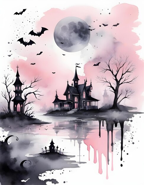 Whimsical spooky manor pink halloween background watercolor and pink pumpkin