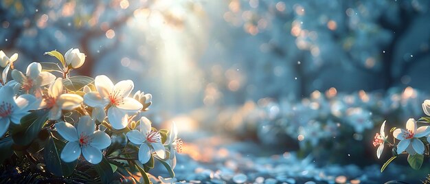 a whimsical springtime scene with a shallow depth of field focused on delicate white blossoms