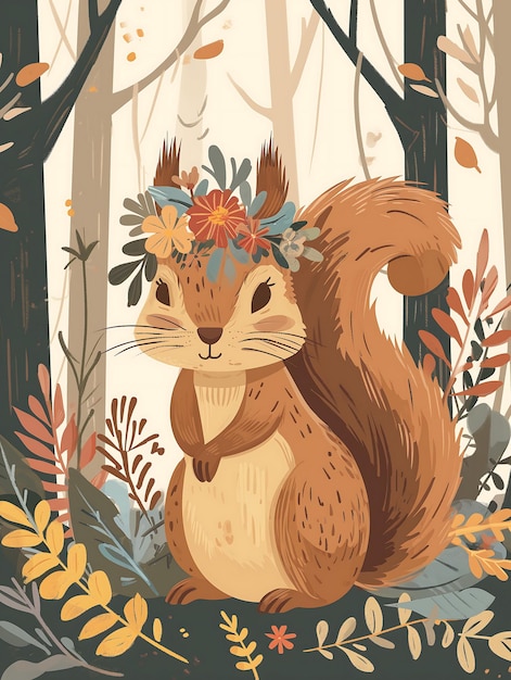 Whimsical Squirrel with Flower Crown in Enchanted Forest