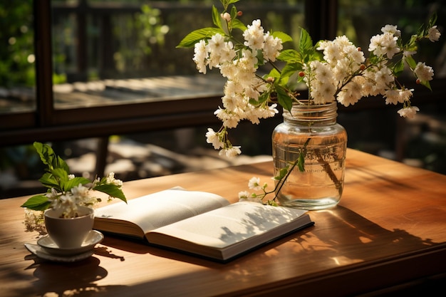 Whimsical stationery setup Wooden table featuring white flowers with notebook and pencil