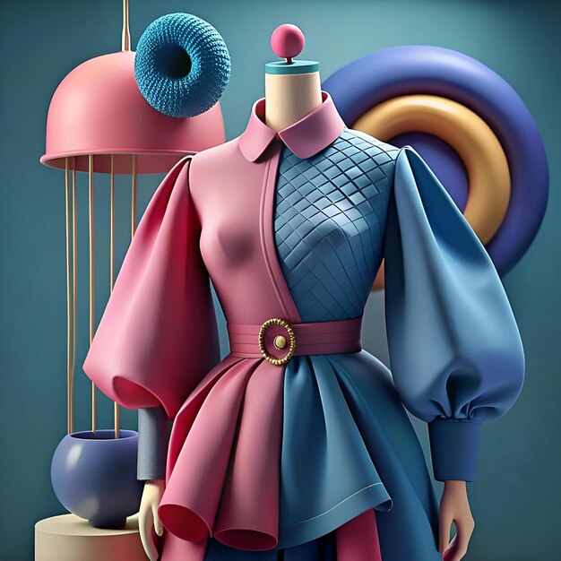 Photo a whimsical and stylish 3d illustration of a mannequin in a stunning pink and blue dress with a unique geometric design