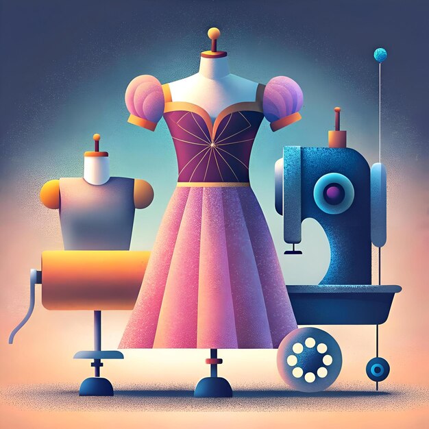 Photo a whimsical and stylish illustration featuring a dress form sewing machine and a spool of thread perfect for fashion blogs websites and social media