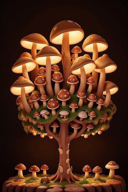 A whimsical surreal pattern of mushrooms illuminated by a mysterious light