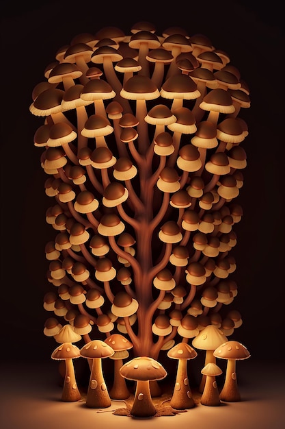 A whimsical surreal pattern of mushrooms illuminated by a mysterious light