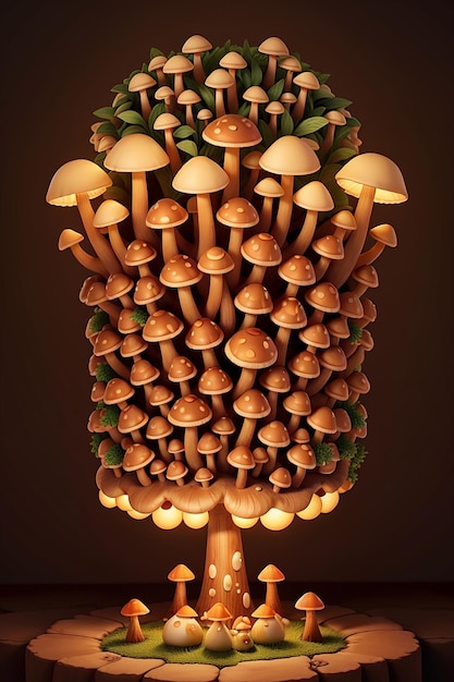 A whimsical surreal pattern of mushrooms illuminated by a mysterious light