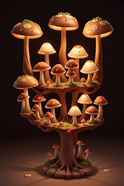 A whimsical surreal pattern of mushrooms illuminated by a mysterious light