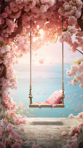 Whimsical swing in blossoming cherry grove wallpaper for the phone