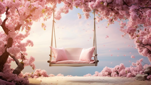 Photo whimsical swing hanging from a cherry blossom tree with petals floating in a gentle breeze on a spring day